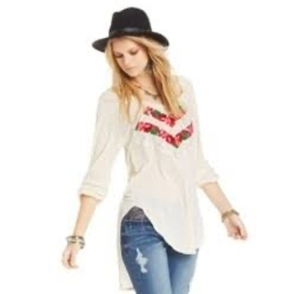 Free People She Needs to Roam Embroidered Linen Blend Lace Detail Tunic Boho Top